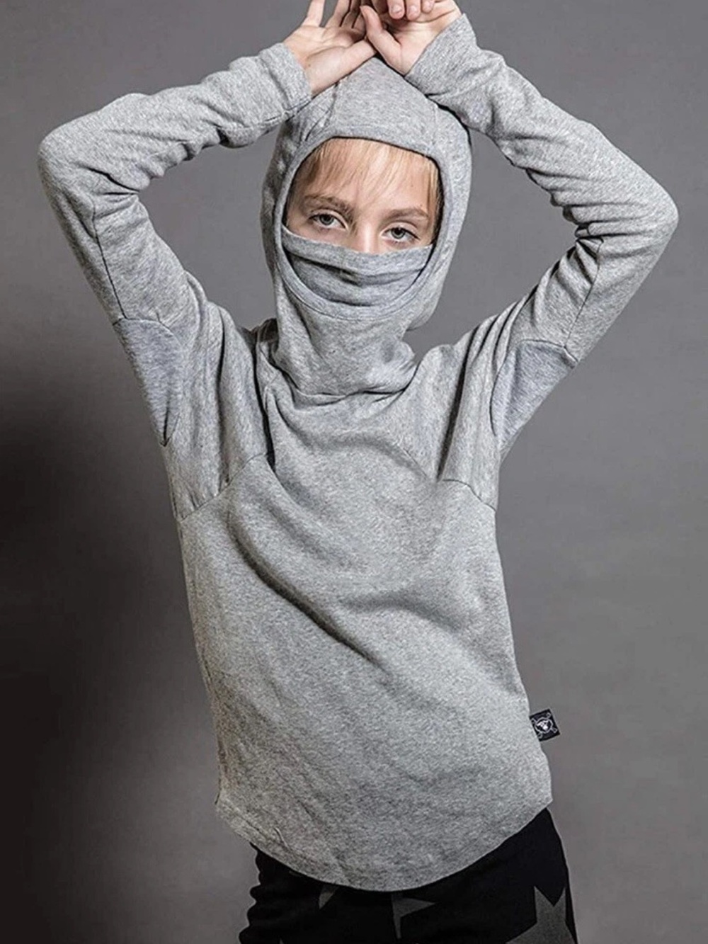 NUNUNU Gray Ninja Mask Hooded Shirt, Unisex size 12-14